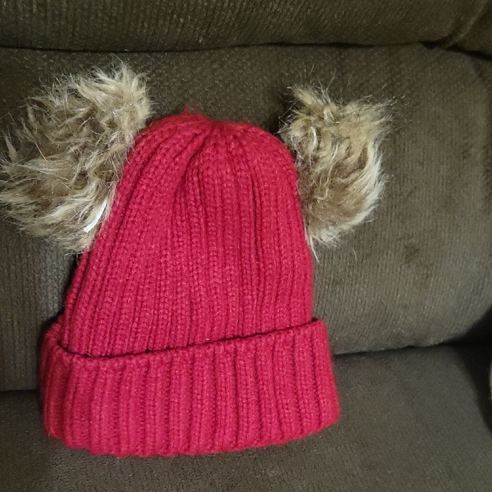 Source Unknown Red and Brown Knit Hat with Faux Fur Pom Poms